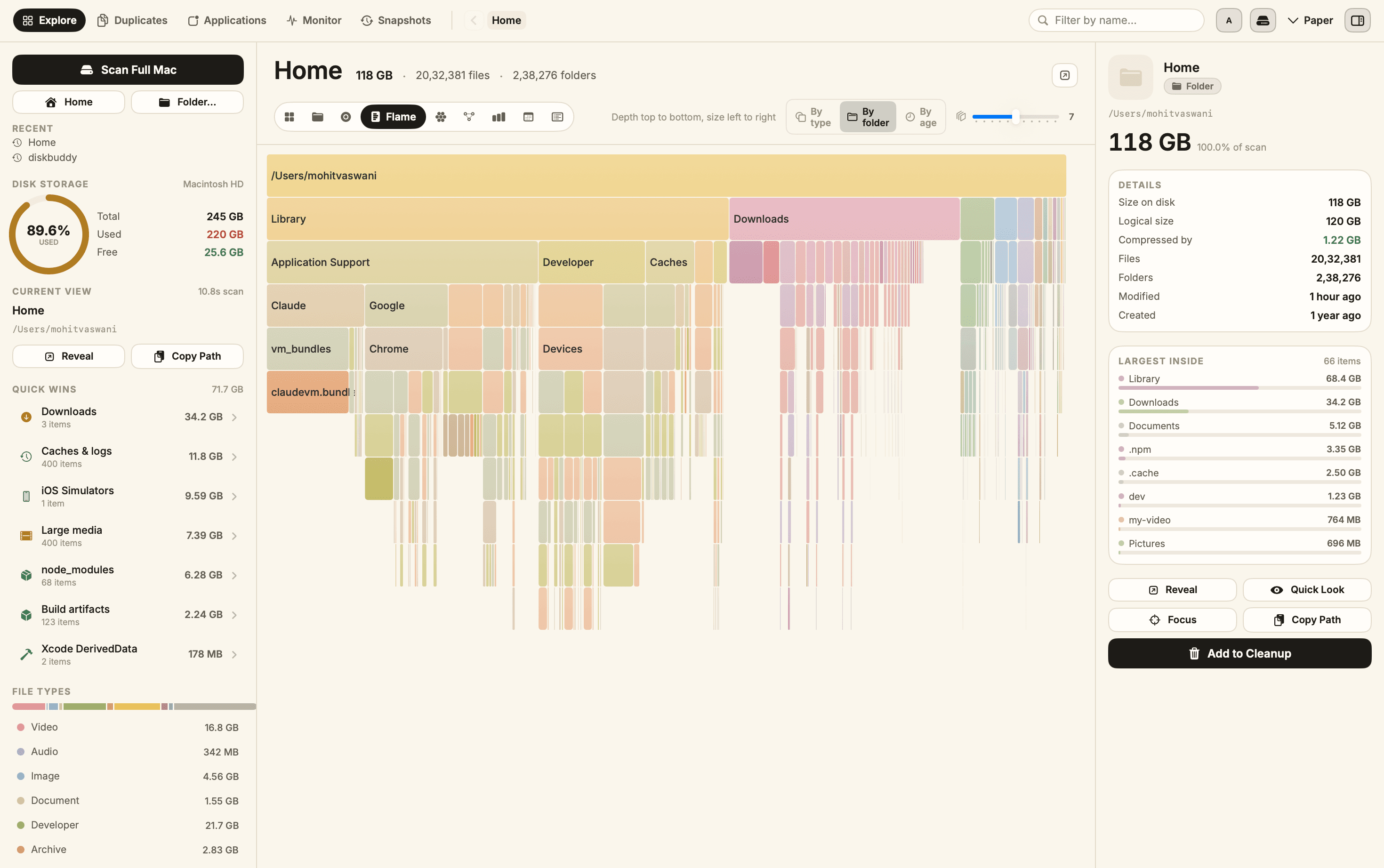 DiskBuddy flame graph stacking folder depth from the scan root downward.